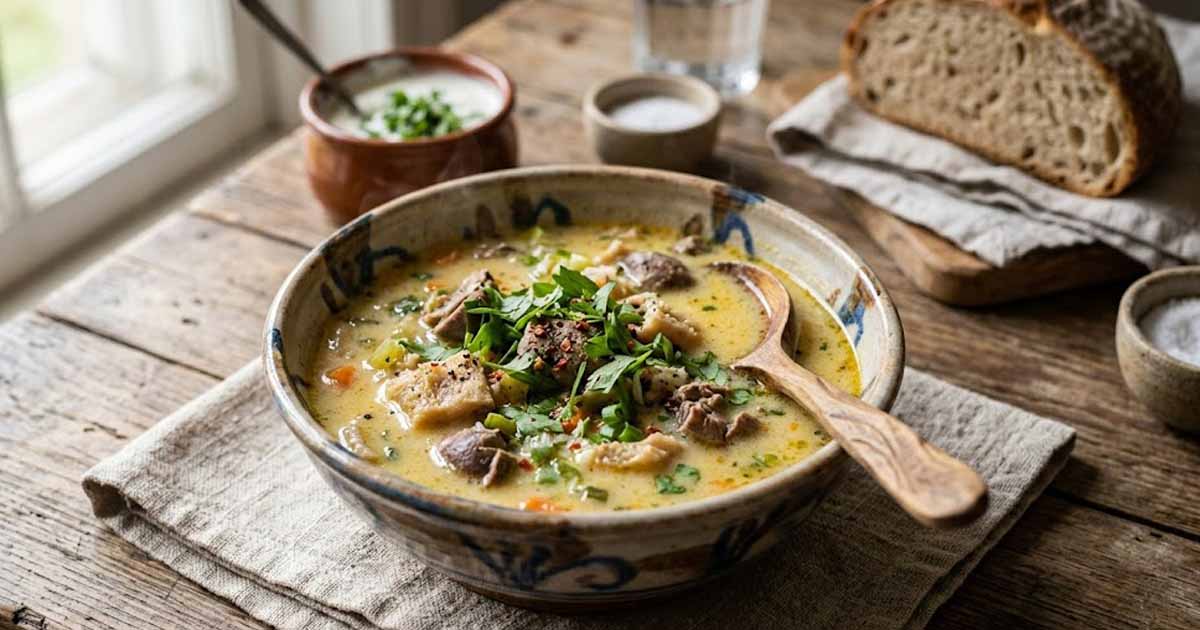 Close-up of a bowl of Romanian Lamb Tripe Soup with sour cream and fresh lovage on a rustic wooden table.