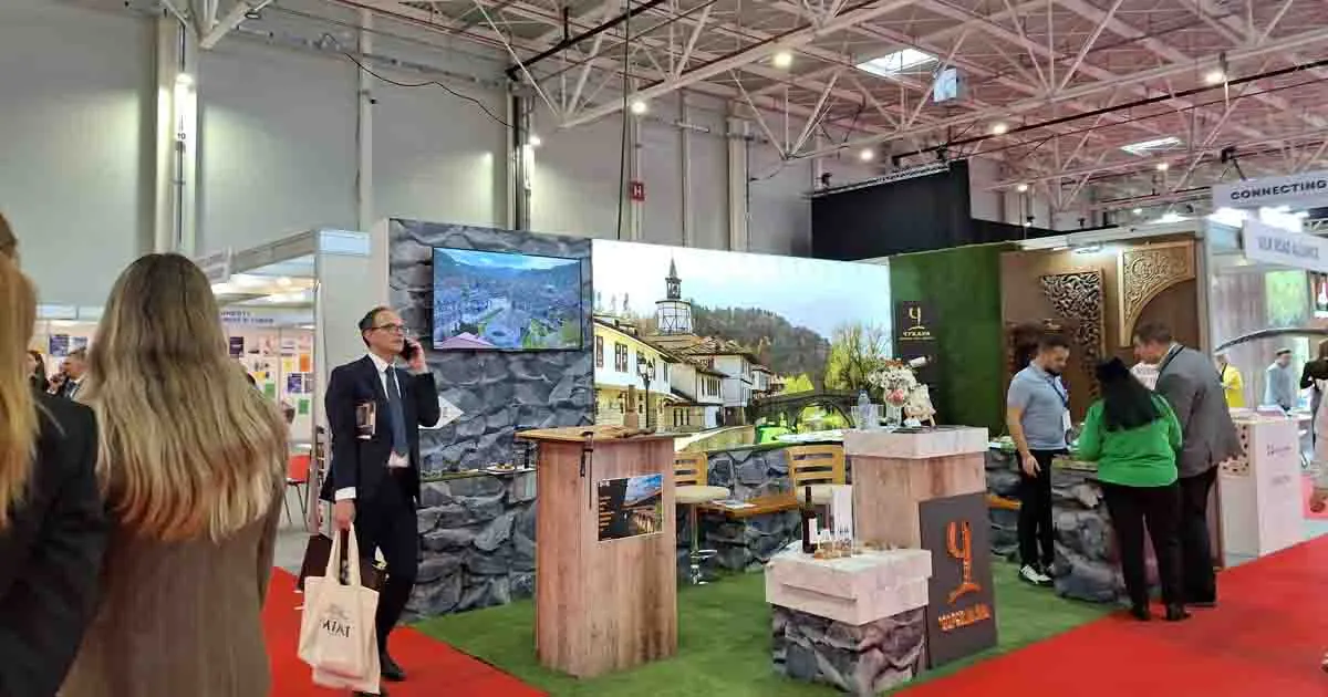 Cinematic view of the Romania Travel Hub exhibition area at TTR 2026 showcasing new cultural routes