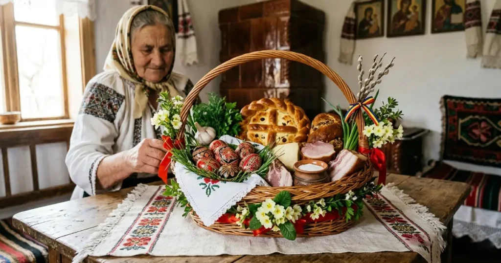 A wide shot of a church courtyard in Romania at night, with hundreds of illuminated Easter baskets lined up for the blessing ceremony.