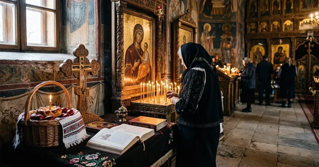 inside a traditional Romanian Orthodox church during Holy Week