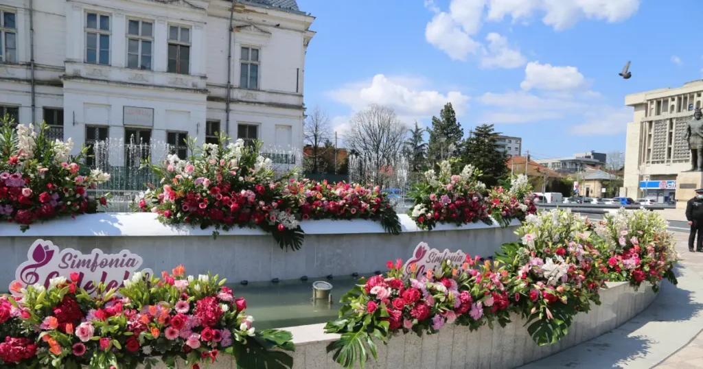 Colorful tulip arrangements and floral displays at the Simfonia Lalelelor festival in Pitești, Romania.