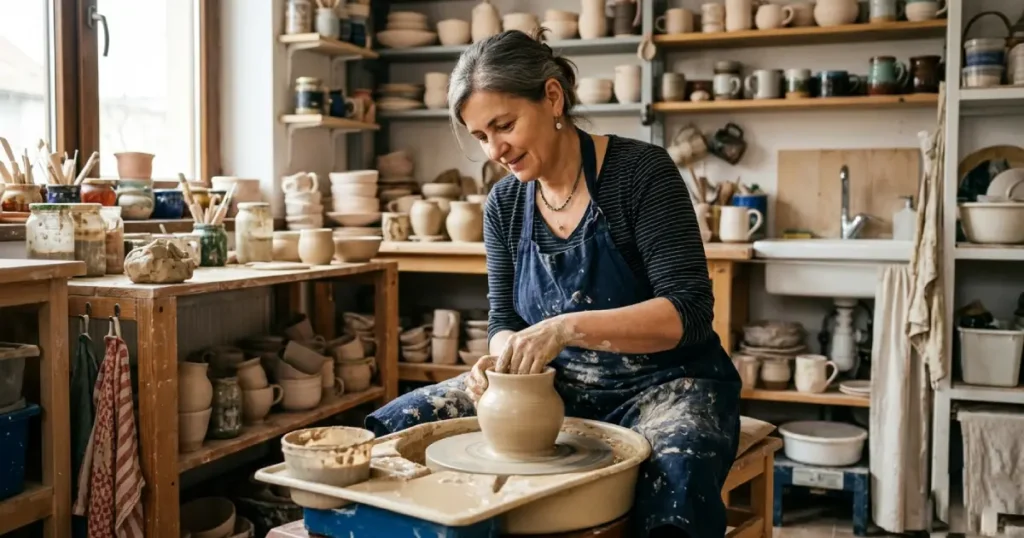 Pottery in the Republic of Moldova – artisan shaping clay on a potter’s wheel inside a traditional workshop, warm natural light, cinematic composition
